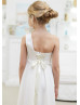 One Shoulder Ivory Lace Chiffon Corset Back Flower Girl Dress